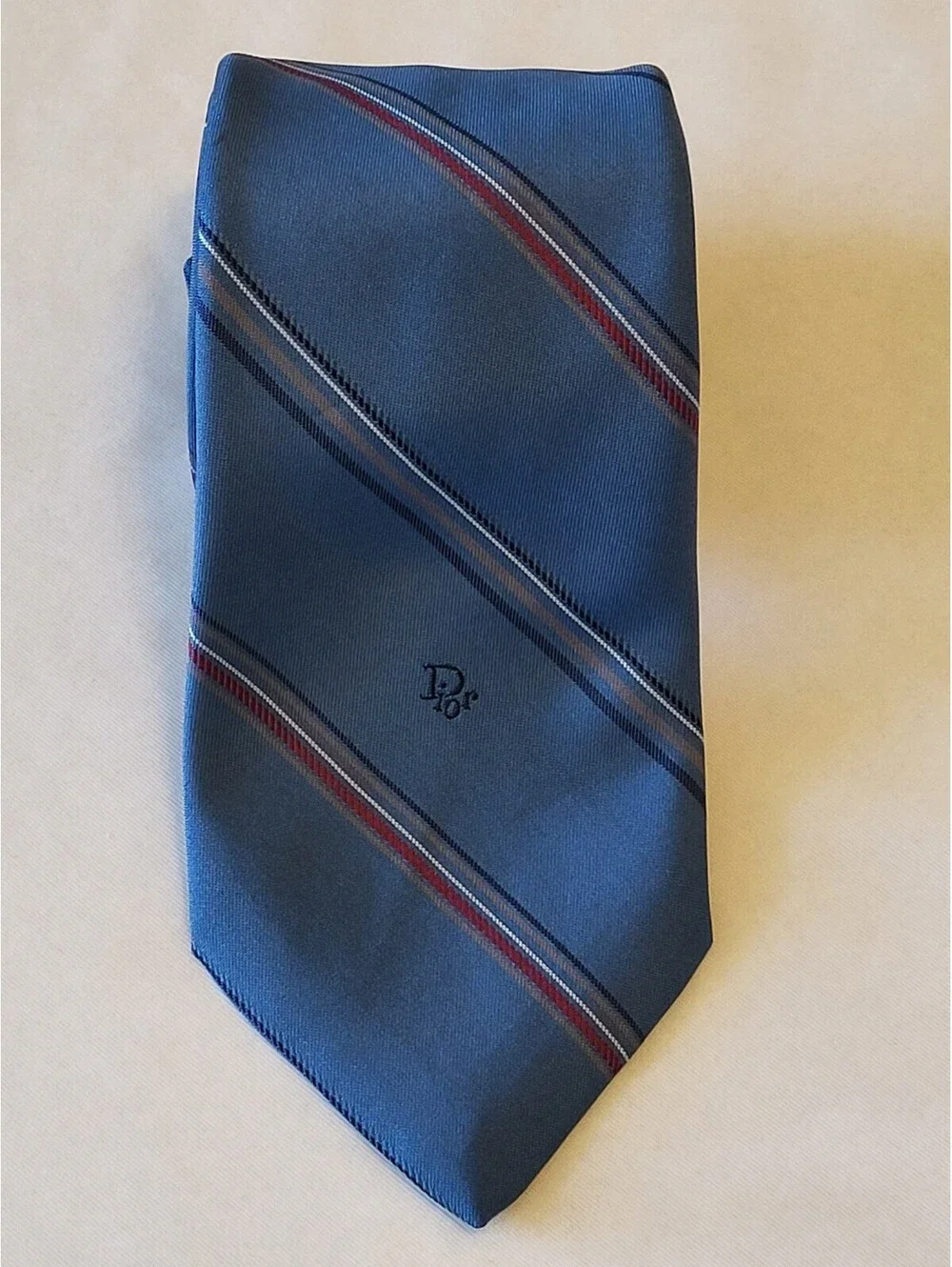 Vintage Christian Dior Men's Light Blue Tan Stripe Tie Necktie Made In USA